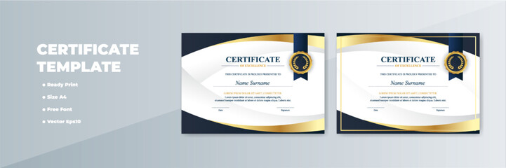 Elegant A4 certificate design template; gold, navy;  grey background; print ready