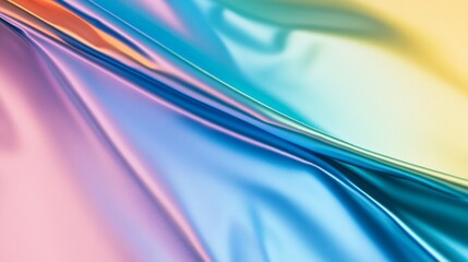 Colorful, iridescent fabric draping elegantly, showcasing vibrant hues and smooth texture