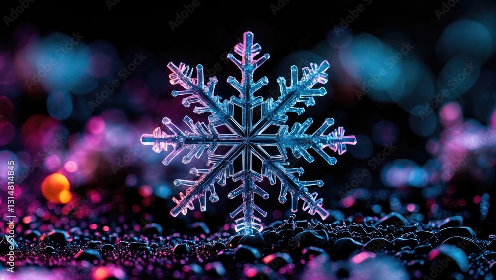 Poster snowflake separated against a black backdrop. close-up image of an actual snow crystal.