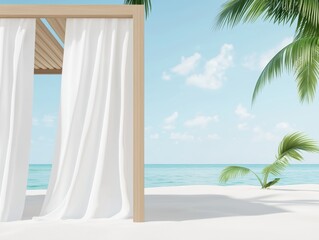 Breezy cabana with white curtains fluttering, planted on a sandy beach with palm trees swaying under a tropical summer sky