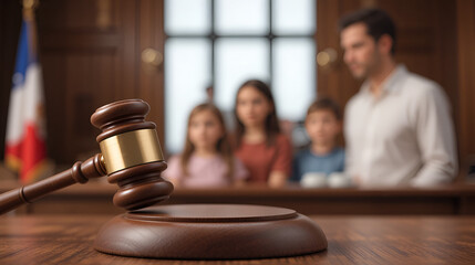 Family law, family right judgement court justice legislation concept. Child-custody. Wooden judge's gavel and family with children kids on background awaiting judge decision