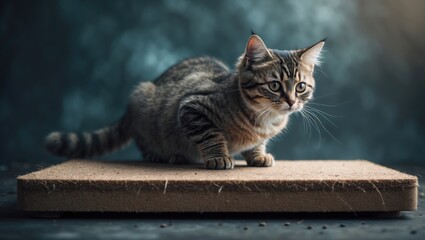 Adorable small cat on the scratch board.