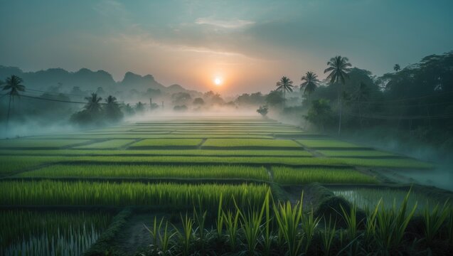 The charm of the foggy morning panorama featuring sunrise and rice fields.