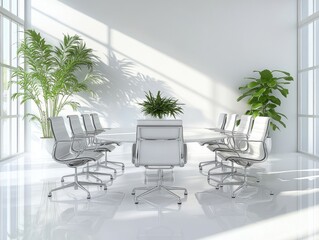Bright and spacious conference room with white table and chairs and indoor plants providing a serene atmosphere for corporate meetings and collaboration