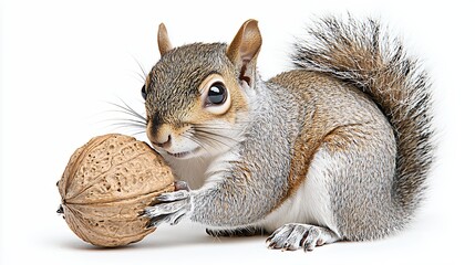 Closeup of a Grey Squirrel Holding a Walnut Against a White Background