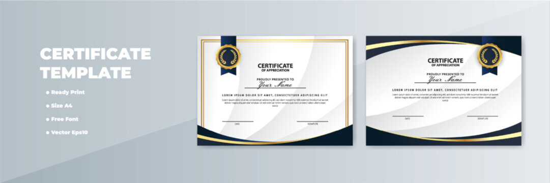 Elegant A4 certificate template design; gold, navy; gray background; print-ready