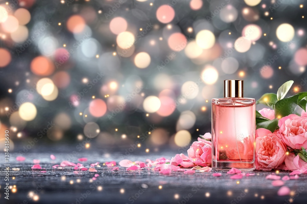 Poster elegant perfume bottle on reflective surface with glowing bokeh lights in background representing lu