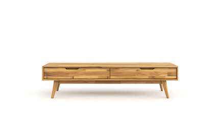 A wooden table with two drawers sits on a white background