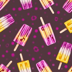 Pink ice cream on a stick on a brown background, seamless watercolor pattern