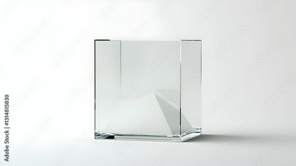 Poster transparent glass cube with subtle refractions on a white studio background with soft lighting