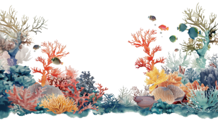 Colorful coral reef and tropical fish swimming on transparent background