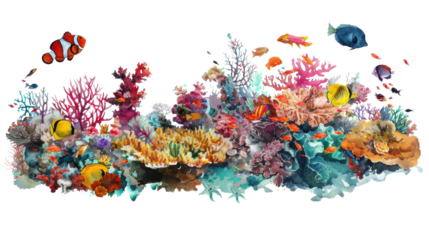 Colorful coral reef with exotic fish swimming on transparent background