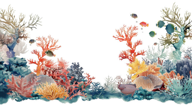 Colorful coral reef and tropical fish swimming on transparent background