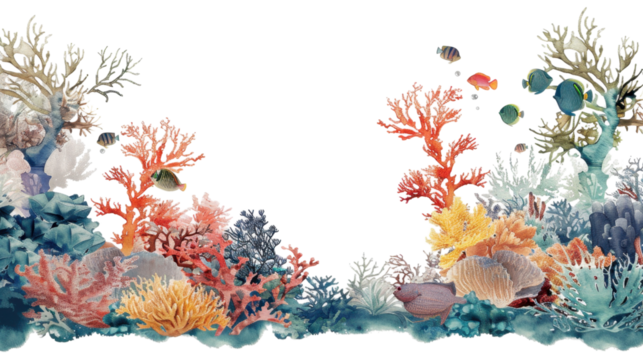 Colorful coral reef and tropical fish swimming on transparent background - Powered by Adobe