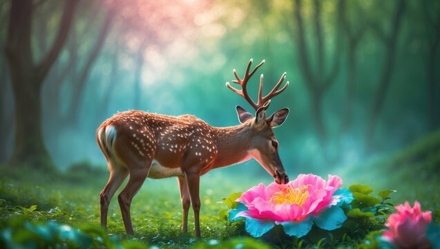 Deer in the wild grazing in a park.
