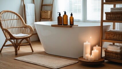 Chic bathroom interior featuring a bamboo bath mat and white tub.