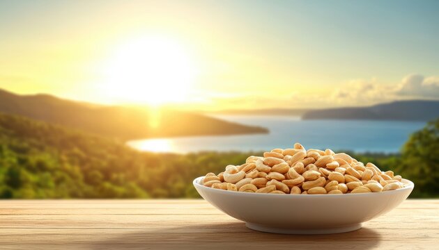 Cashews on a plate, with a tropical view and sun, beige in a nutty snack scene