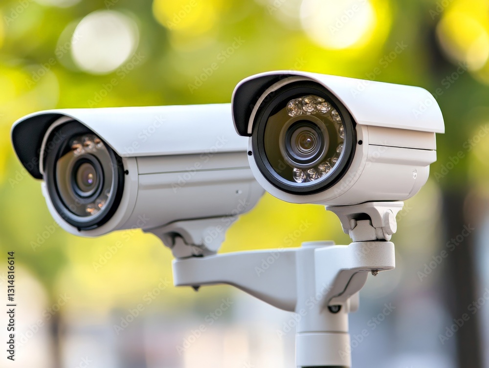 Poster surveillance camera monitoring urban security with a close up of a high tech cctv device in a modern