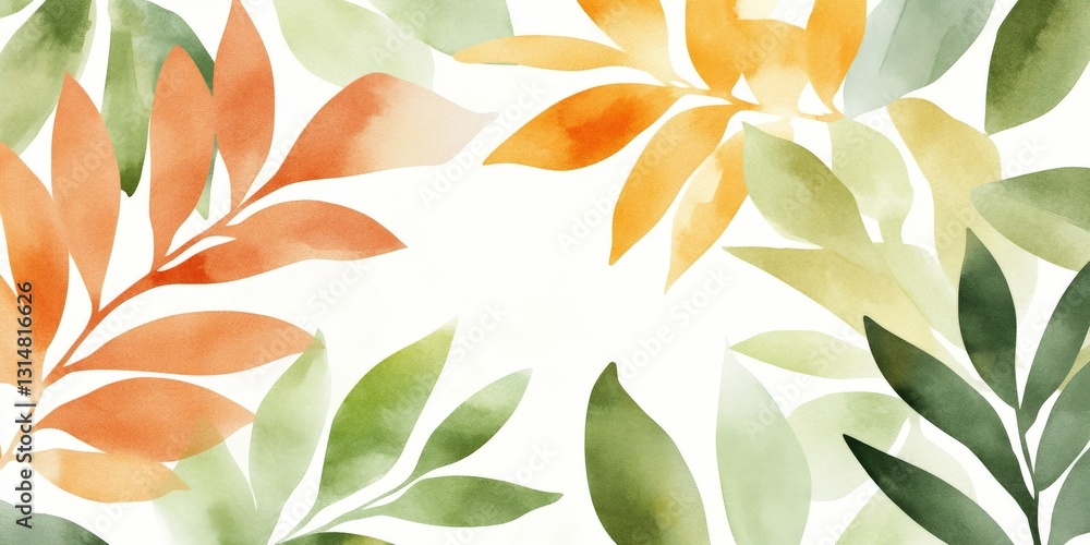 Aufkleber watercolor botanical background with soft green and orange leaves in a modern artistic composition w