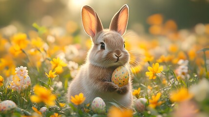 Fototapeta premium Adorable Bunny Holding an Easter Egg in a Flower-Filled Meadow