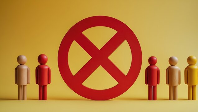 Figurines of people are positioned behind the red symbol against a yellow backdrop. The concept of a ban on the expression of other opinions, suppression of dissent, and freedom of speech. Genocide... - Powered by Adobe