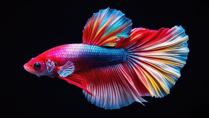 Fototapeta premium Colourful Betta fish in motion, isolated on a black background. Capturing the dynamic moment of a colourful fish set against a black backdrop.