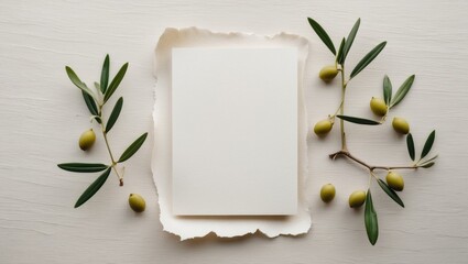 Feminine minimalist styled wedding stationery mockup featuring a blank invitation card alongside a fresh olive twig on a soft white linen background, viewed from above.