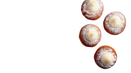 Four donuts falling on transparent background with icing sugar and cream filling