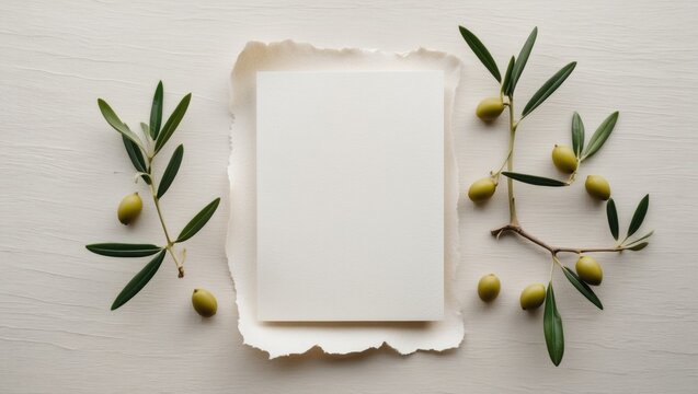 Feminine minimalist styled wedding stationery mockup featuring a blank invitation card alongside a fresh olive twig on a soft white linen background, viewed from above.