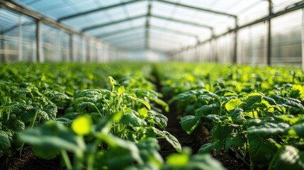 Vibrant Greenhouses: Rows of Lush Seedlings Thrive Under Glass © Opaopi