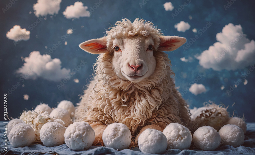 Poster fluffy white sheep is laying on a bed of snowballs. the sheep is smiling and he is enjoying its surr