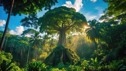 Southeast Asia tourist attraction featuring the large tree in the jungle.