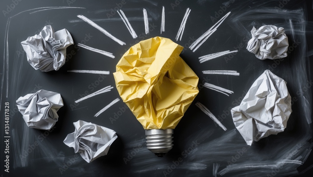 Poster crumpled paper representing various solutions with one illuminated as a light bulb as the correct op