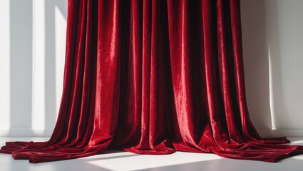 A long red curtain is displayed against a white background. The curtain is red and the only element present in the image.
