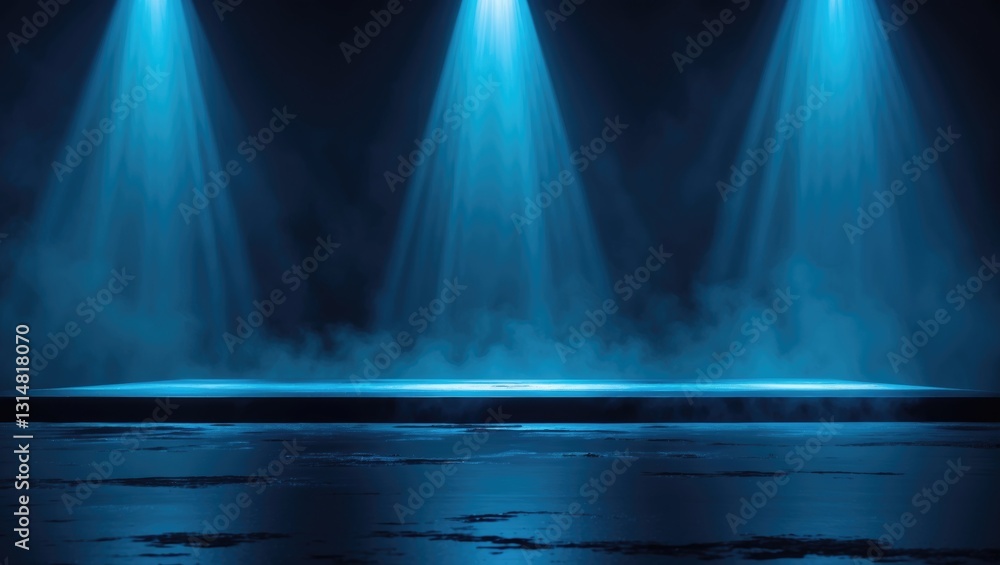 Poster presentation of product placement with a blue spotlight on a dark stage for a dramatic reveal, featu