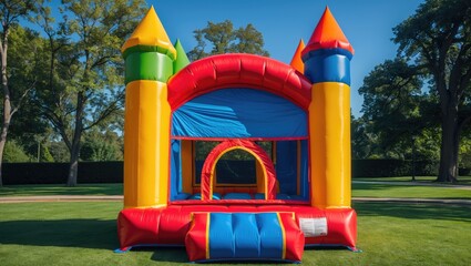 A vibrant yet straightforward castle bounce house. The colorful inflatable bounce house is located in the park on a lovely sunny day.