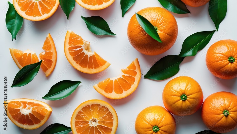 Poster tangerine or clementine with green leaves isolated on a white background featuring full depth of fie