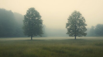 Obraz premium Misty morning meadow with two trees, tranquil landscape
