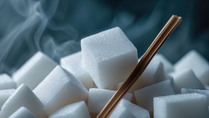Sugar cubes in close-up. A cane sugar cube positioned among the white sugar cubes. Macro photography with a soft focus.
