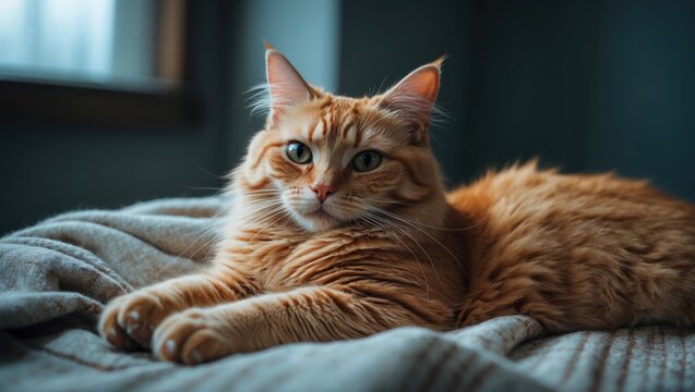 Cute orange cat with polydactyl paws lounging on a blanket displaying extra toes.