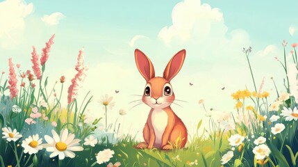 Fototapeta premium A Cute Brown Rabbit Sits Amidst Colorful Flowers In Meadow