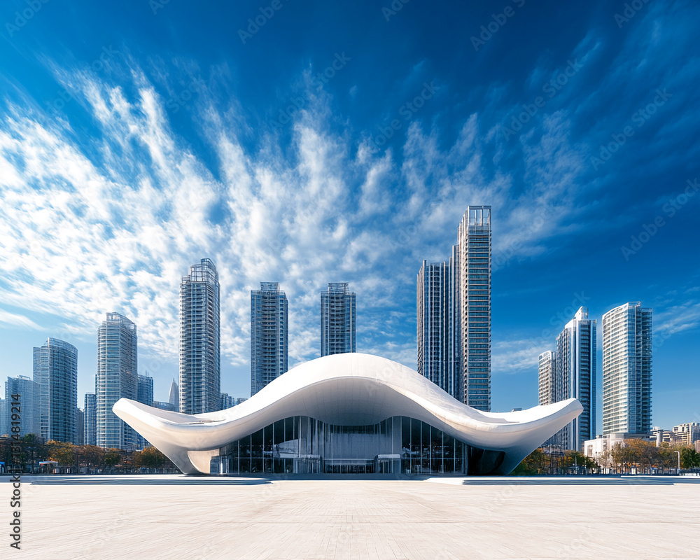 Poster modern white building with a curved design, situated in a city setting against a bright blue sky wit