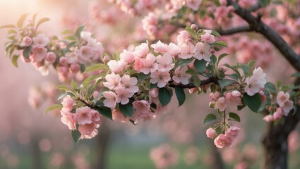 Spring flowers backdrop in peach fuzz hue. Blooming apple tree. Soft focus, blossom freshness.