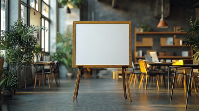 A spacious, contemporary workspace features a wooden easel holding a blank canvas. Lush plants provide a vibrant touch, inviting inspiration and collaboration among the busy tables - Powered by Adobe