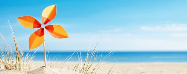 Colorful pinwheel planted in a sandy dune, spinning lazily with a beach and ocean breeze, whimsical in a summer coastal scene