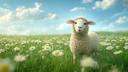 Fototapeta premium A fluffy sheep standing peacefully amidst a field of wildflowers
