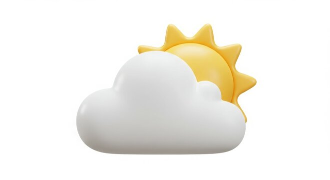 Partly sunny weather ☀️☁️. 3D rendered illustration of a white cloud and yellow sun.