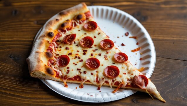 Slice of pizza on a paper plate