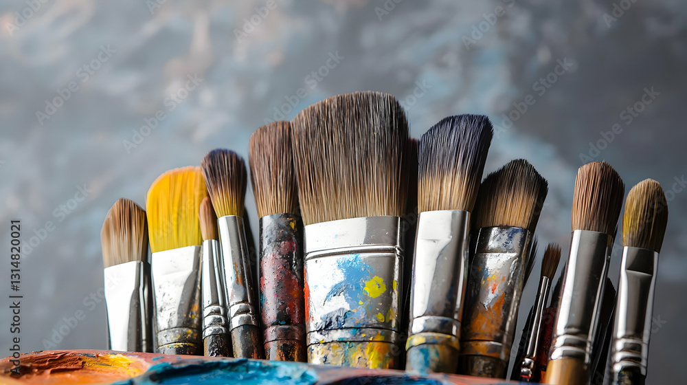 Aufkleber close up view of well used paintbrushes with colorful paint splatters on a palette with abstract gra