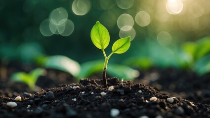 The sapling is emerging from nutrient-rich soil, showcasing the evolution of plant growth and the gentle sunlight in the morning. The concept of ecology and agriculture.